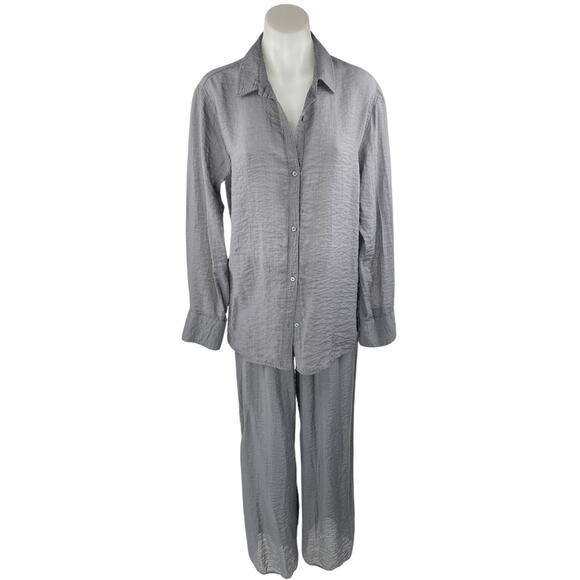 H&M Women's Gray Button Down Long Sleeve Shirt & Wide Leg Pants Matching Set S - Picture 1 of 5